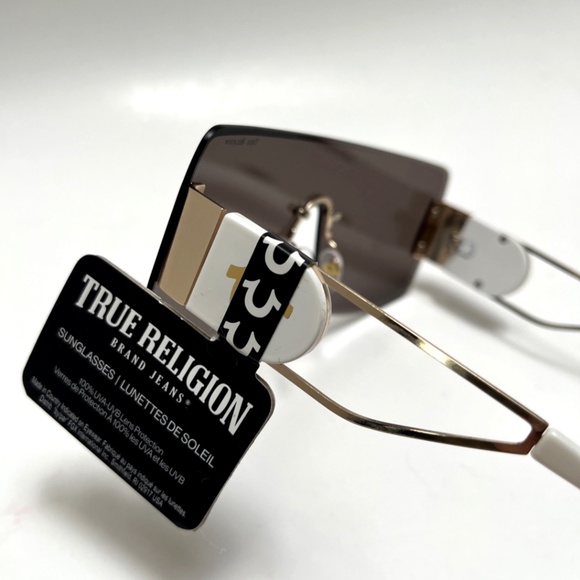New TRUE RELIGION Shield Sunglasses White Acetate Rimless Metal Wide Leg